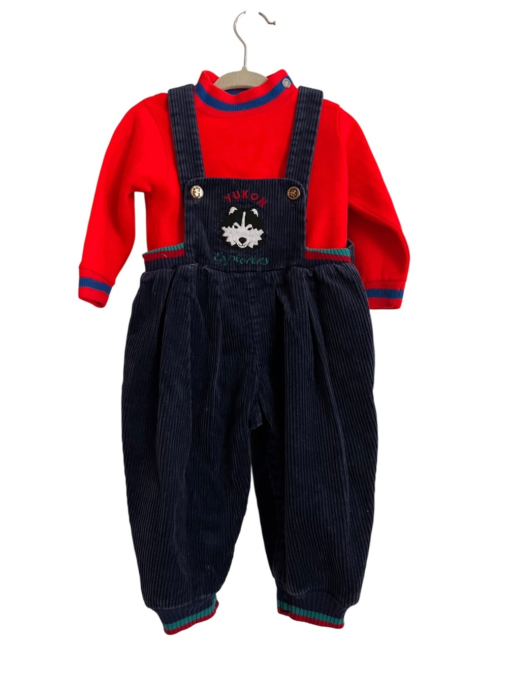 Vintage Carter's Red Tee with Navy “Yukon Explorers” Corduroy Suspender Overalls